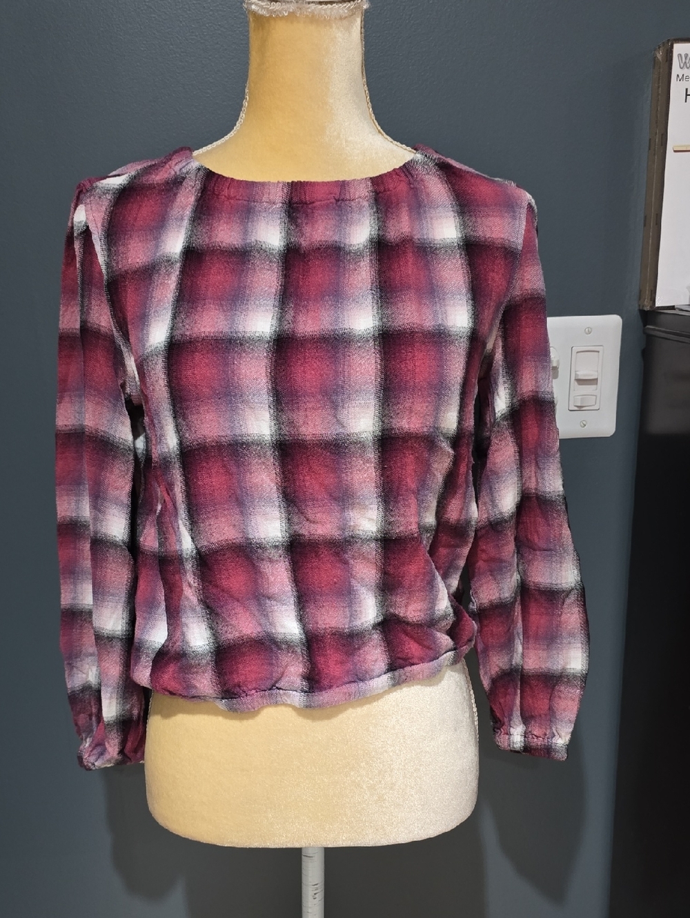 Anthropologie Berry Pink and White Plaid Long-Sleeve Blouse Sz S